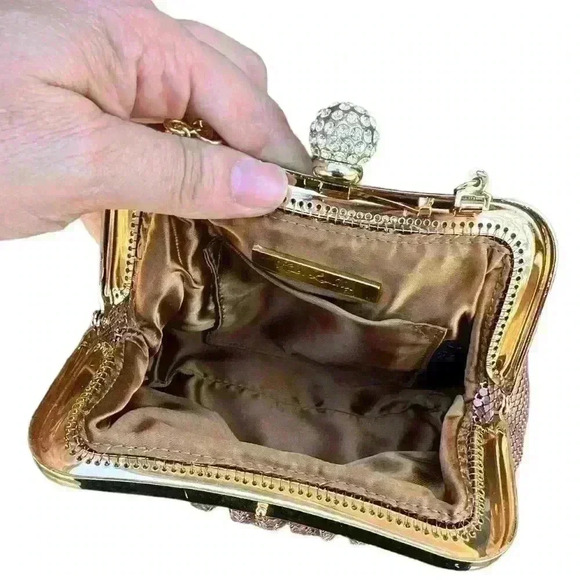 Kate Landry Crystal Sphere Copper Mesh Frame Evening Bag with gold chain - Picture 5 of 6